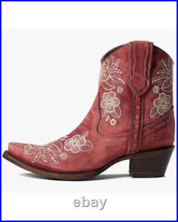 Corral Women's Flowered Embroidery Ankle Western Booties Snip Toe Red/brown 7