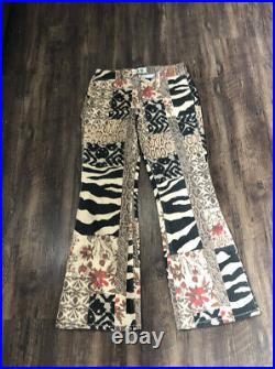 Free People Jett Low Rise Printed Flare Jeans Floral Zebra Tan Black Red 29 NWT