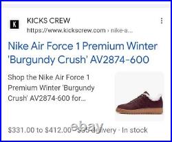 NDS Men's 2018 Nike Air Force 1 Premium Winter Burgundy Crush Sz 12 (AV2874-600)