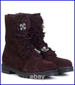 NIB$1500 JIMMY CHOO Havana Flat Burgundy Suede Boots Floral Flower 40 EU 10 US
