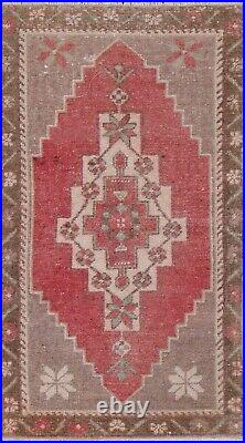 Vintage Red/ Brown Geometric Anatolian Turkish 1x3 Rug Handmade Low Pile Carpet