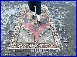 Vintage turkish area rug 4 x 9 ft hand knotted Oriental Area rug low pile rug