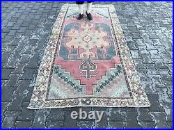 Vintage turkish area rug 4 x 9 ft hand knotted Oriental Area rug low pile rug