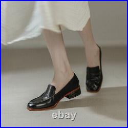 Womens Fall Real Leather Pull on Round Toe Low Block Heels Casual Shoes US 5-9